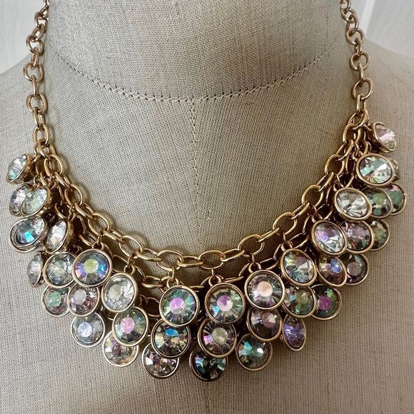 Rhinestone  Crystal Bib Necklace Gold Tone Statement - Picture 1 of 6